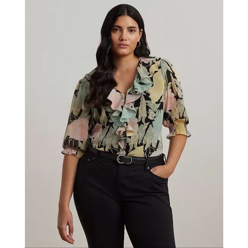 Lauren Ralph Lauren Floral Georgette Ruffle-Trim Blouse Black/Pink/Green 2XL
